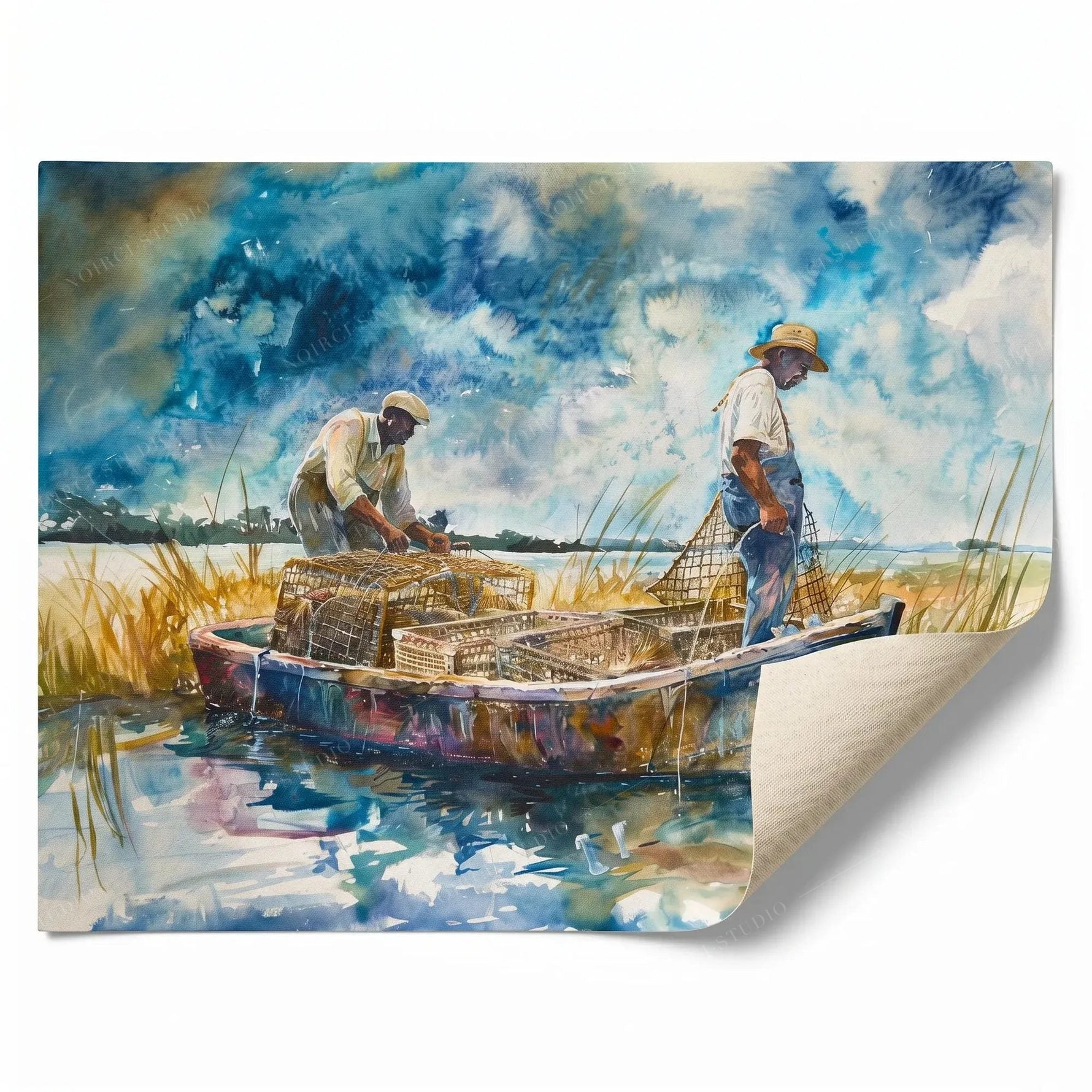 Rolled canvas print of Gullah crabbers in a wooden marsh skiff, ready for custom framing