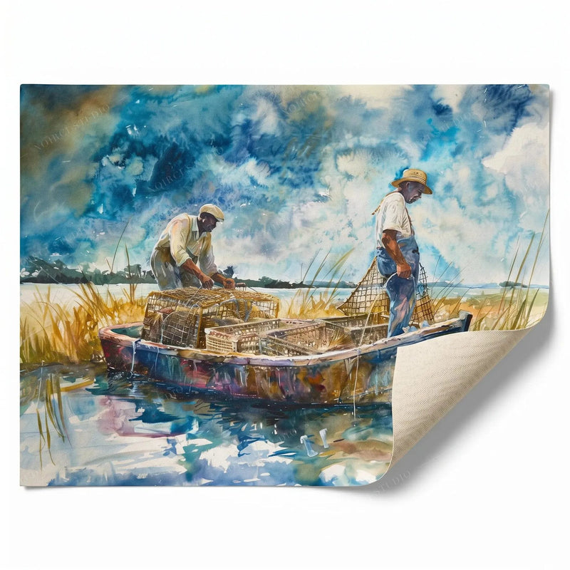 Rolled canvas print of Gullah crabbers in a wooden marsh skiff, ready for custom framing