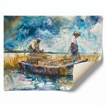 Rolled canvas print of Gullah crabbers in a wooden marsh skiff, ready for custom framing