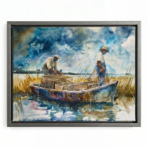 Coastal Black art in a silver floating frame, watermen stacking wire pots in a lowcountry tidal creek