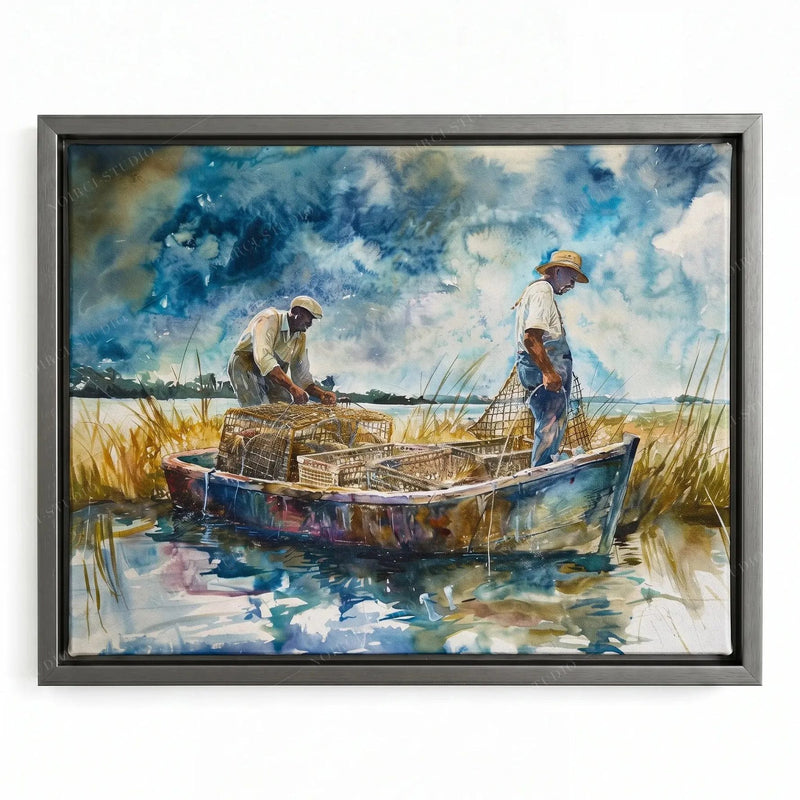 Coastal Black art in a silver floating frame, watermen stacking wire pots in a lowcountry tidal creek