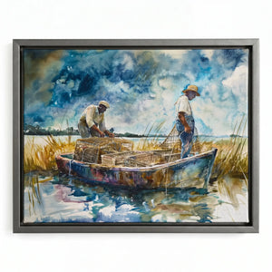 Coastal Black art in a silver floating frame, watermen stacking wire pots in a lowcountry tidal creek