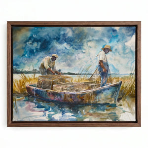 Crab Pots watercolor in a walnut floating frame, Gullah watermen working their catch in golden marsh grass