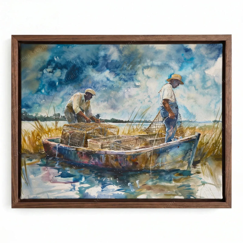 Crab Pots watercolor in a walnut floating frame, Gullah watermen working their catch in golden marsh grass