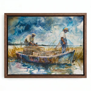 Crab Pots watercolor in a walnut floating frame, Gullah watermen working their catch in golden marsh grass