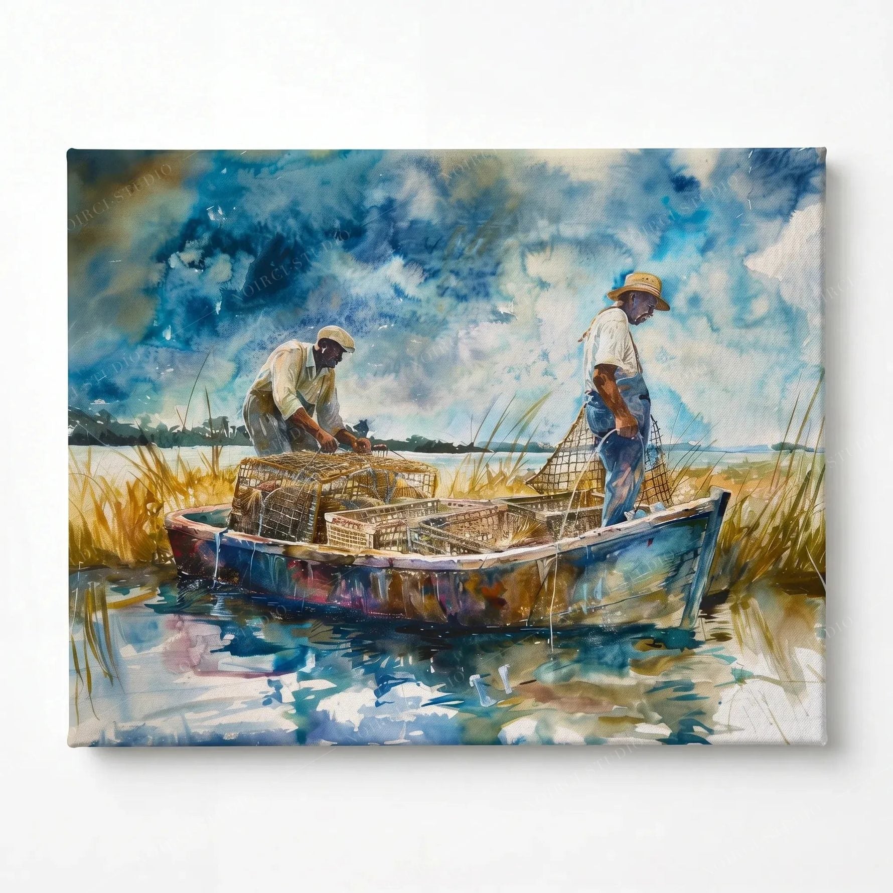 Stretched canvas, ready to hang, two Black men tending crab traps in a boat among tall reeds