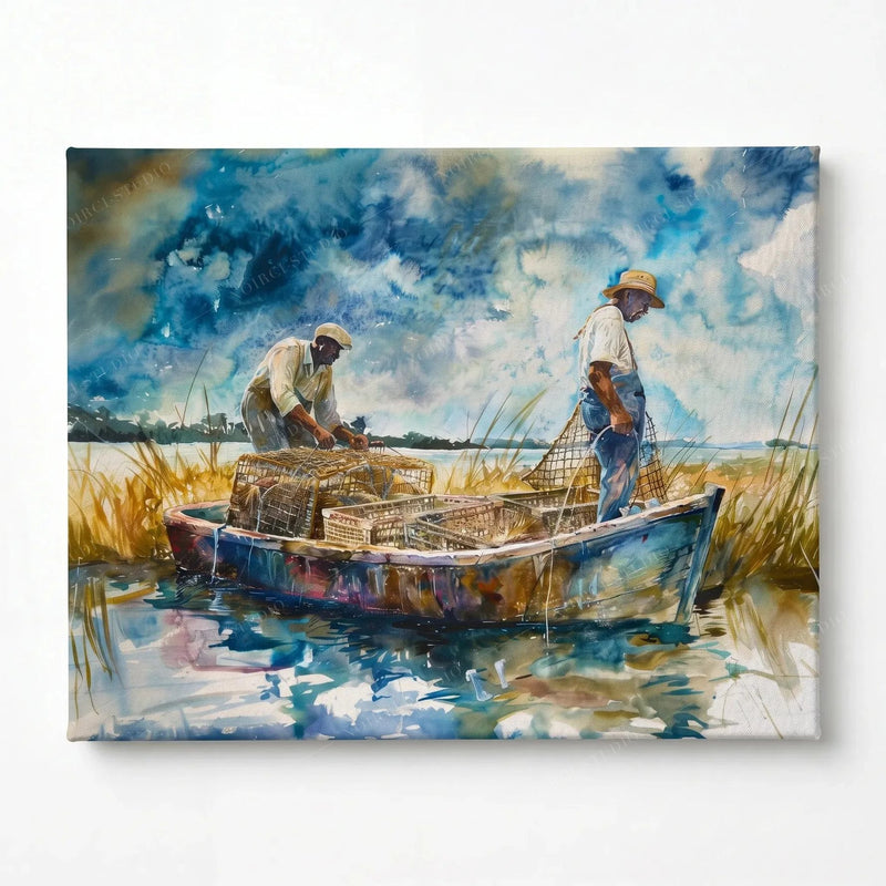 Stretched canvas, ready to hang, two Black men tending crab traps in a boat among tall reeds