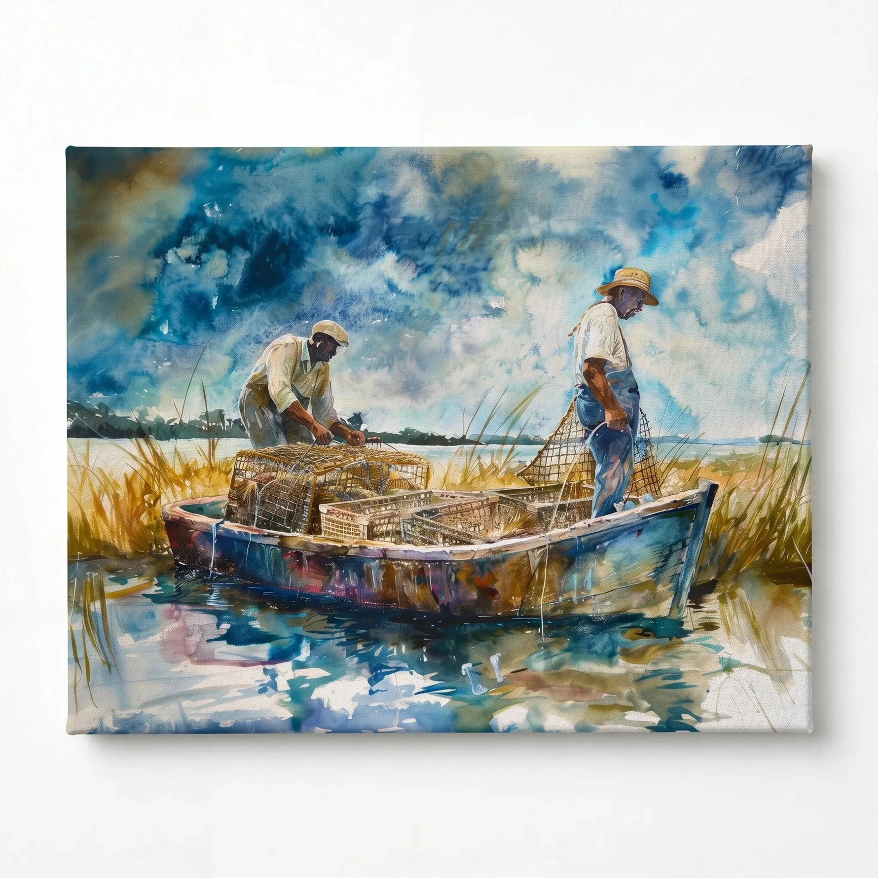 Stretched canvas, ready to hang, two Black men tending crab traps in a boat among tall reeds