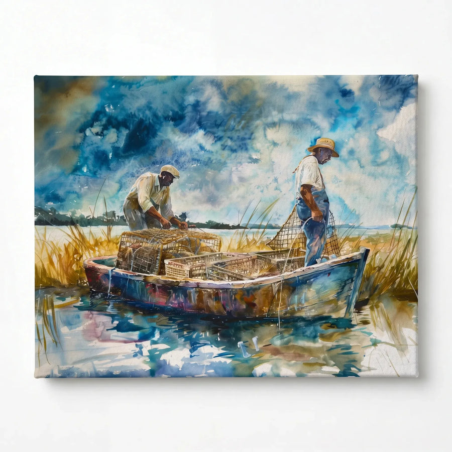 Stretched canvas, ready to hang, two Black men tending crab traps in a boat among tall reeds
