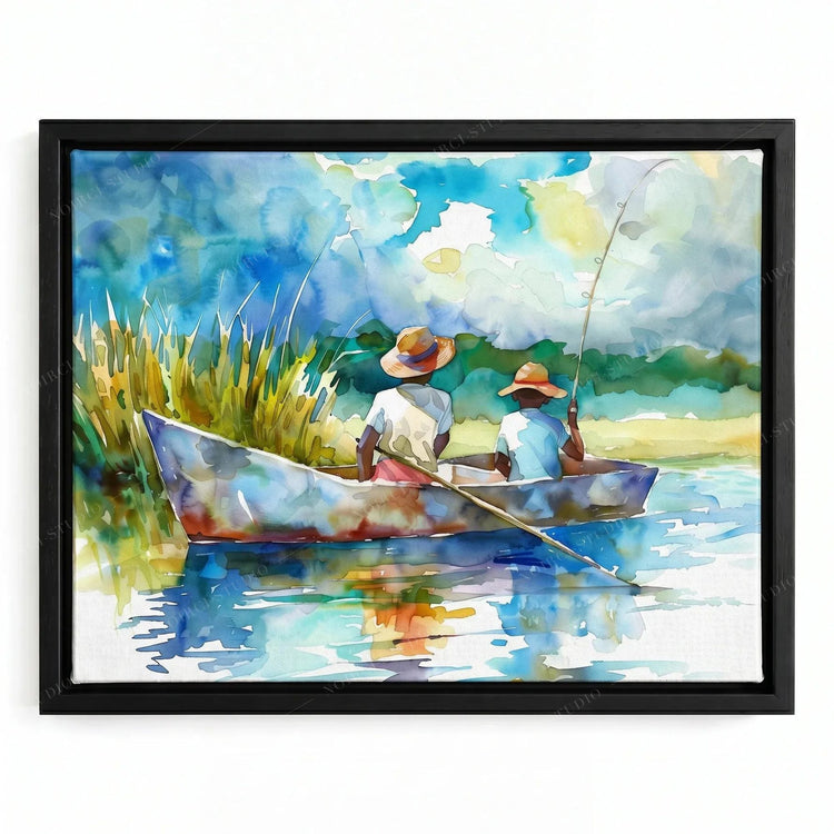 Gullah Geechee art in a black floating frame, two boys in straw hats fishing a lowcountry creek in watercolor