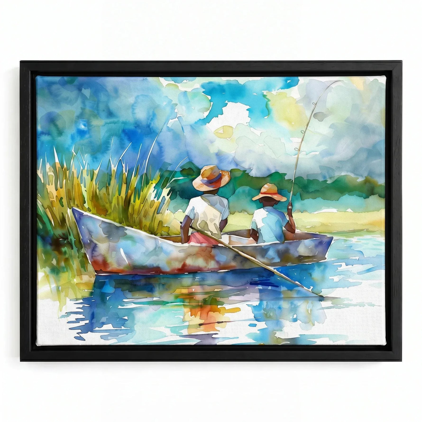 Gullah Geechee art in a black floating frame, two boys in straw hats fishing a lowcountry creek in watercolor