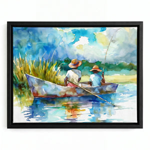 Gullah Geechee art in a black floating frame, two boys in straw hats fishing a lowcountry creek in watercolor
