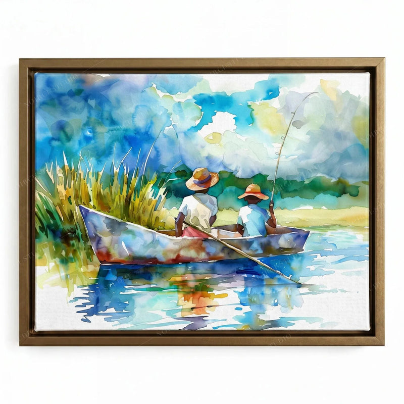 Southern watercolor art in a gold floating frame, two Black boys fishing under a big blue summer sky