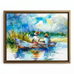 Southern watercolor art in a gold floating frame, two Black boys fishing under a big blue summer sky