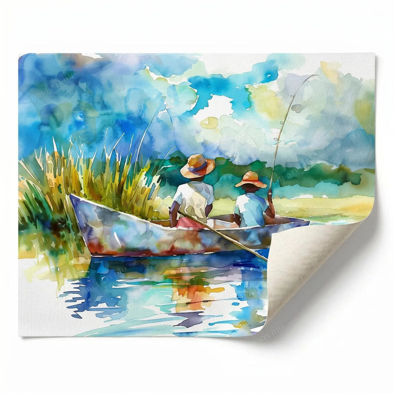 Rolled canvas print of a Gullah Geechee fishing scene, curled corner showing, ready for custom framing