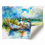 Rolled canvas print of a Gullah Geechee fishing scene, curled corner showing, ready for custom framing