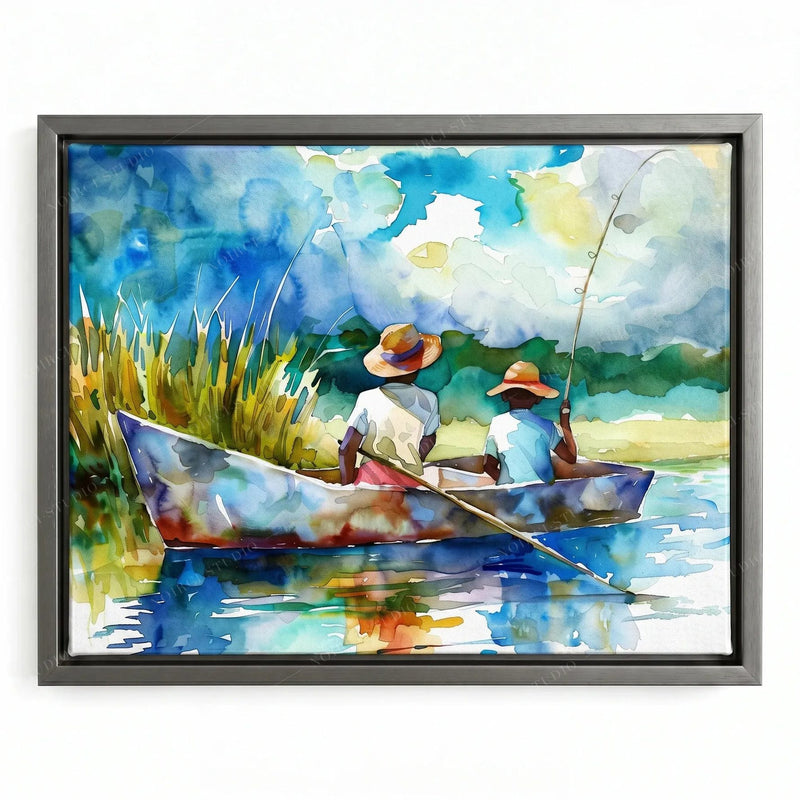 Lowcountry art in a silver floating frame, boys fishing from a rowboat with bright reflections on the water