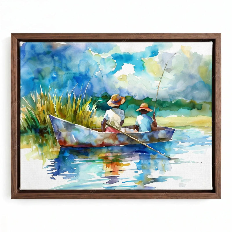 Lowcountry watercolor in a walnut floating frame, boys casting a line from a wooden boat beside tall marsh grass
