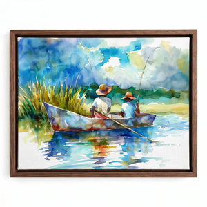 Lowcountry watercolor in a walnut floating frame, boys casting a line from a wooden boat beside tall marsh grass