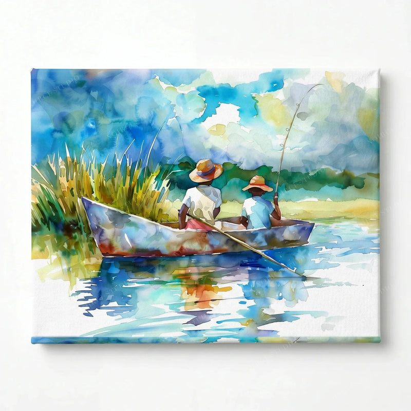 Stretched canvas of two boys fishing in a lowcountry creek, gallery wrapped watercolor, ready to hang