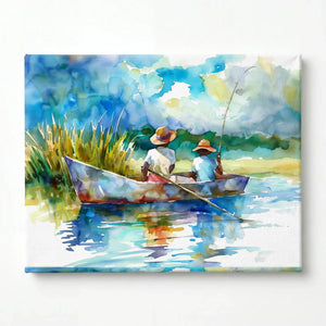 Stretched canvas of two boys fishing in a lowcountry creek, gallery wrapped watercolor, ready to hang