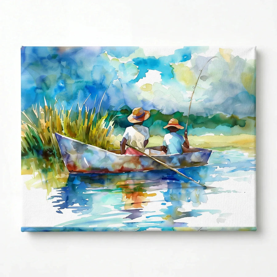 Stretched canvas of two boys fishing in a lowcountry creek, gallery wrapped watercolor, ready to hang
