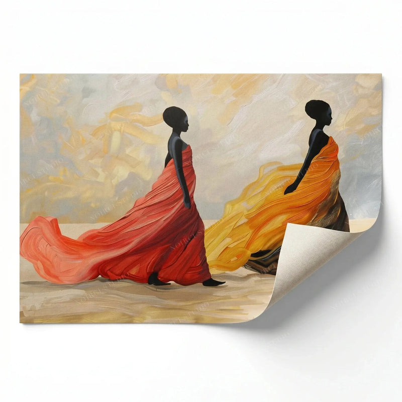 Rolled canvas print of two women in sweeping red and orange gowns, ready for custom framing