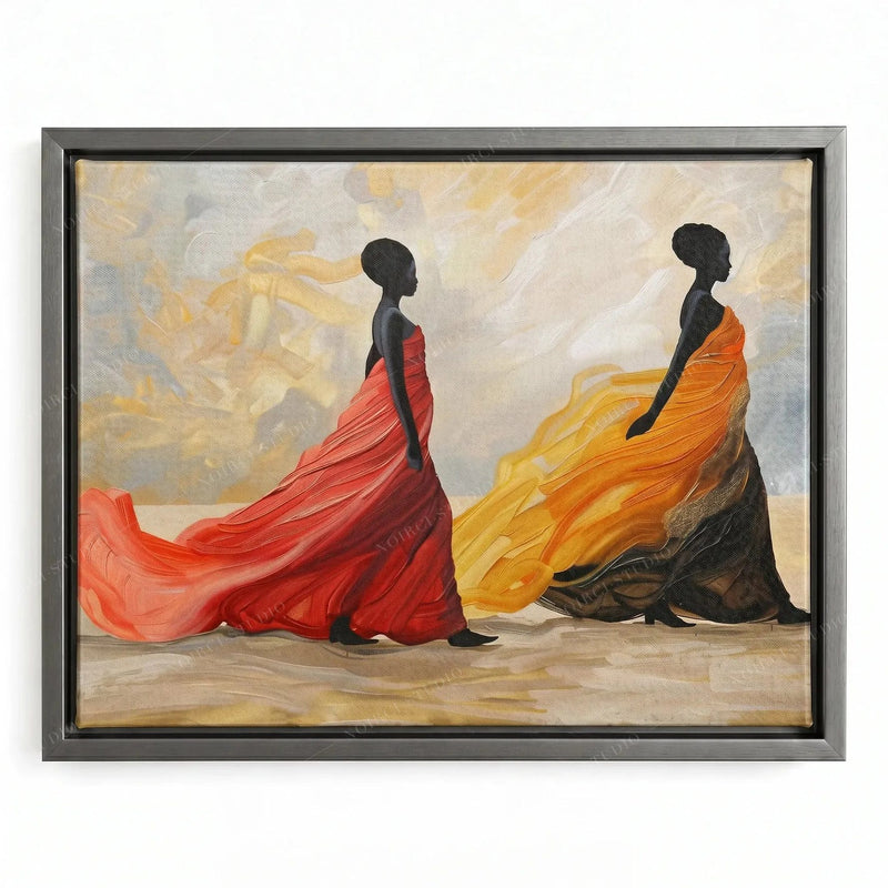 Silver floating frame, painterly scene of two women in billowing red and marigold gowns walking in step
