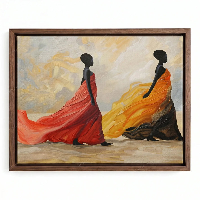 Walnut floating frame close-up, silhouetted women in windblown crimson and amber gowns under a painted golden sky