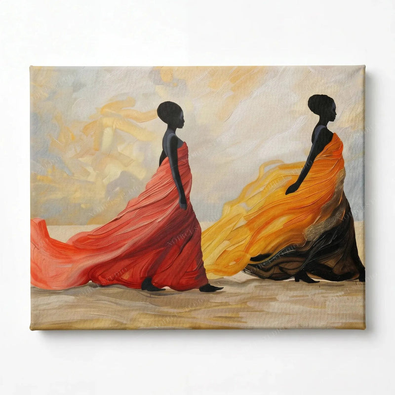 Stretched canvas, ready to hang, African women in flowing scarlet and gold dresses on a sandy plain