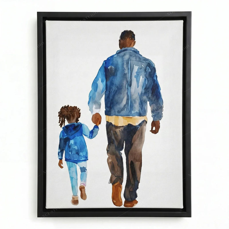 Watercolor of a Black father in a denim jacket walking hand in hand with his little girl, black floating frame