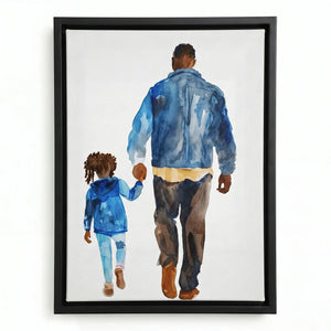 Watercolor of a Black father in a denim jacket walking hand in hand with his little girl, black floating frame