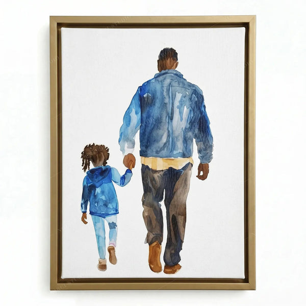 Gold floating frame close-up, tender watercolor of a Black dad and his daughter out for a walk