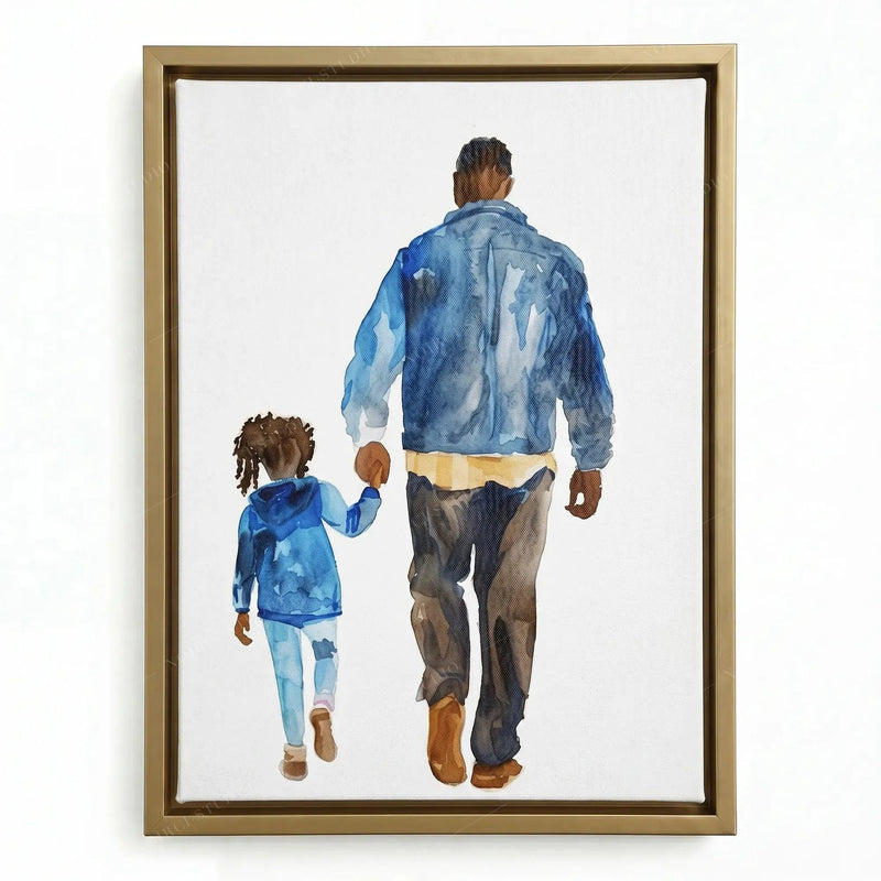 Gold floating frame close-up, tender watercolor of a Black dad and his daughter out for a walk