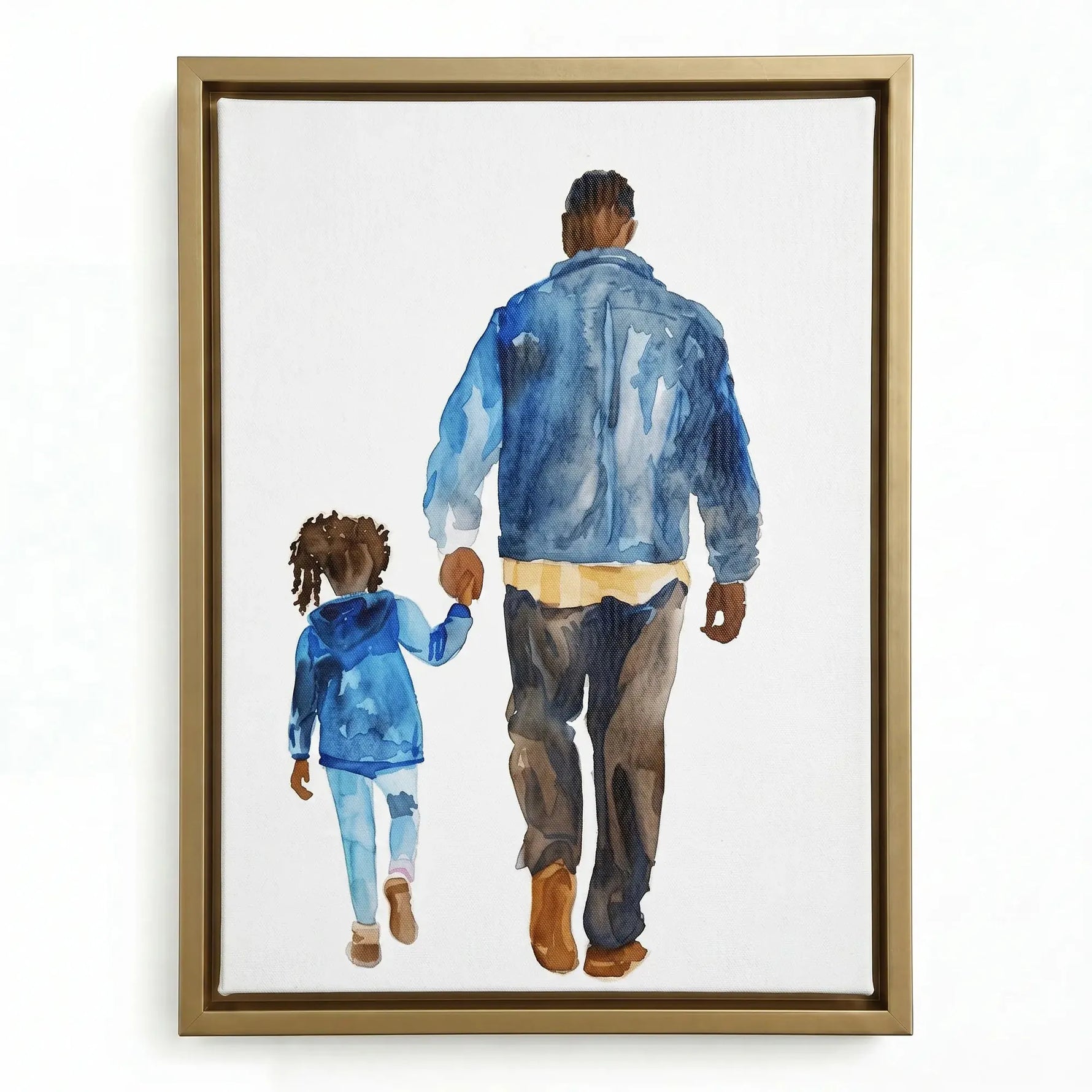 Gold floating frame close-up, tender watercolor of a Black dad and his daughter out for a walk