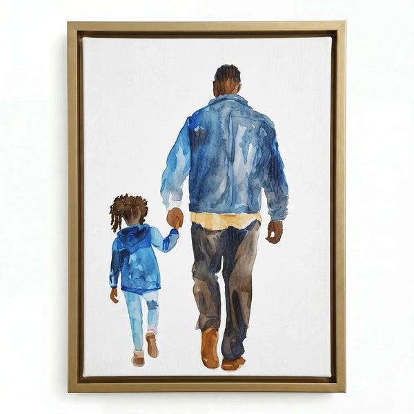 Gold floating frame close-up, tender watercolor of a Black dad and his daughter out for a walk
