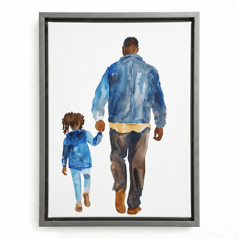 Silver floating frame, watercolor father and child in denim blues walking side by side