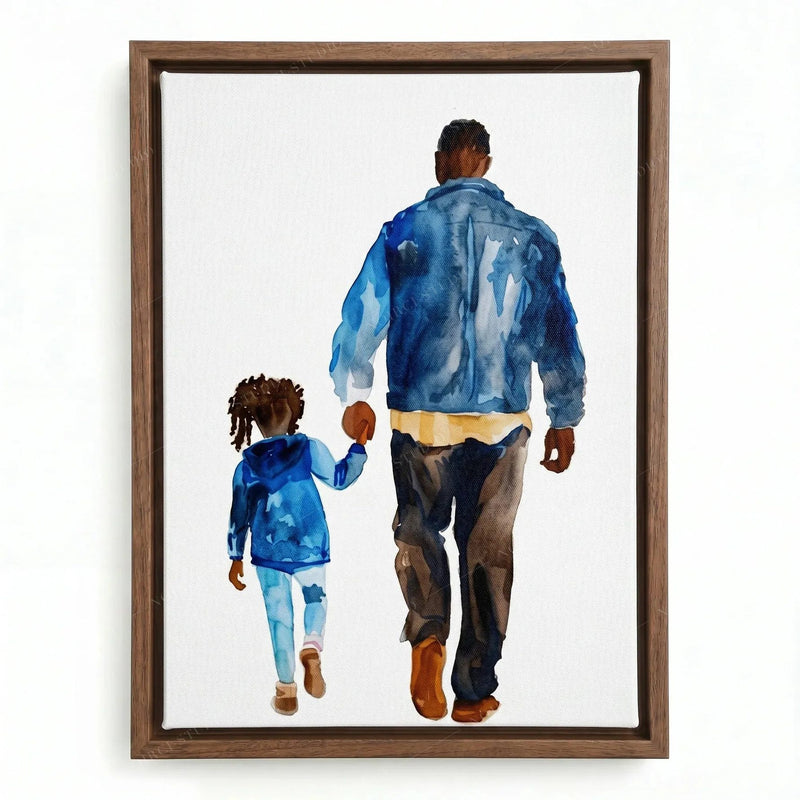 Black family art in a walnut floating frame, father and daughter in matching blues strolling away together