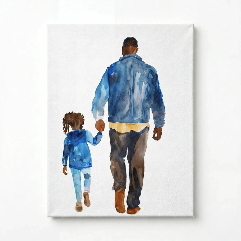Stretched canvas, ready to hang, watercolor Black father holding his daughter's hand on a clean white background