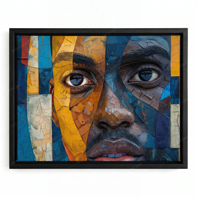 Black man wall art in a black floating frame, cracked mosaic portrait in blue, gold and orange