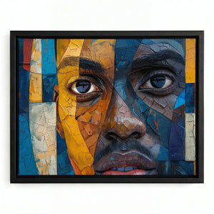 Black man wall art in a black floating frame, cracked mosaic portrait in blue, gold and orange