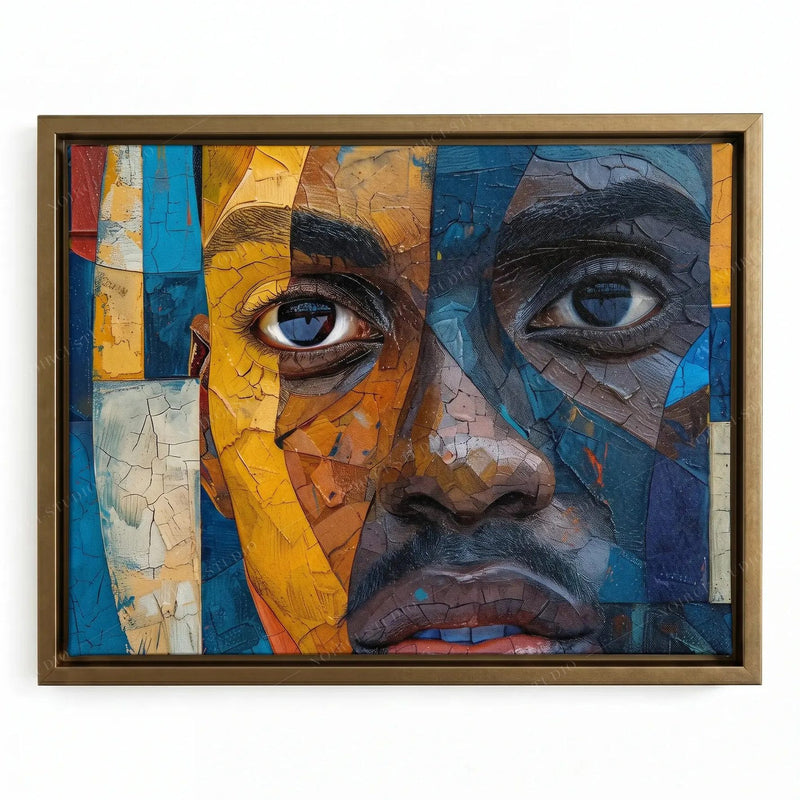 Black surrealism portrait in a gold floating frame, close-up mosaic face in cobalt and marigold panels