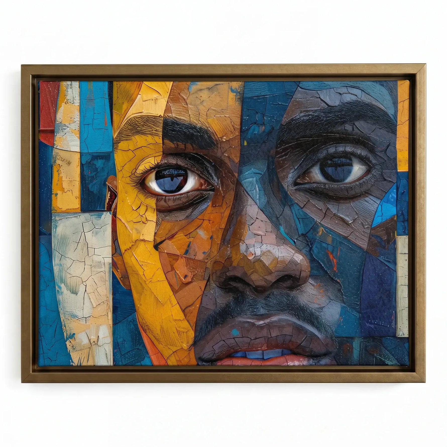 Black surrealism portrait in a gold floating frame, close-up mosaic face in cobalt and marigold panels