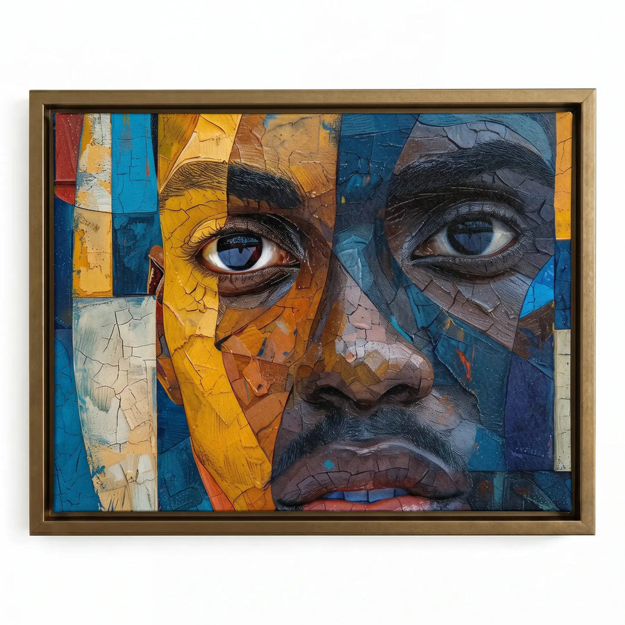 Black surrealism portrait in a gold floating frame, close-up mosaic face in cobalt and marigold panels