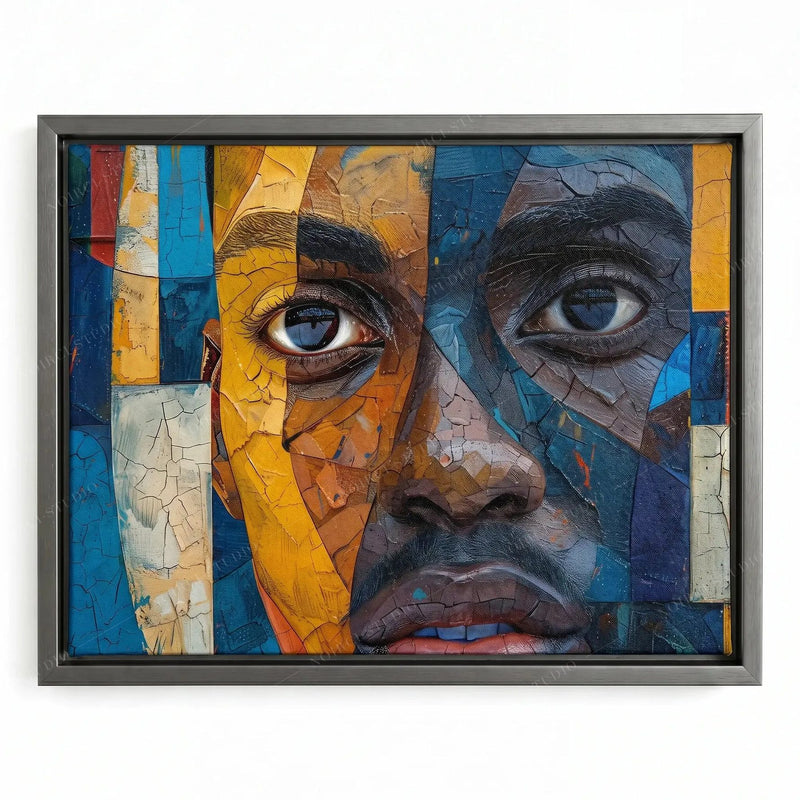 Modern African American art in a silver floating frame, mosaic Black man portrait with cracked paint texture