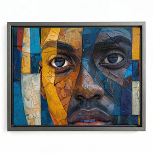 Modern African American art in a silver floating frame, mosaic Black man portrait with cracked paint texture