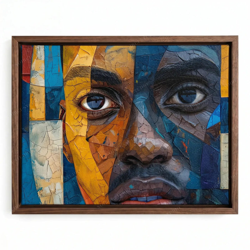 Afrofuturism art in a walnut floating frame, fractured mosaic face of a Black man with amber tones