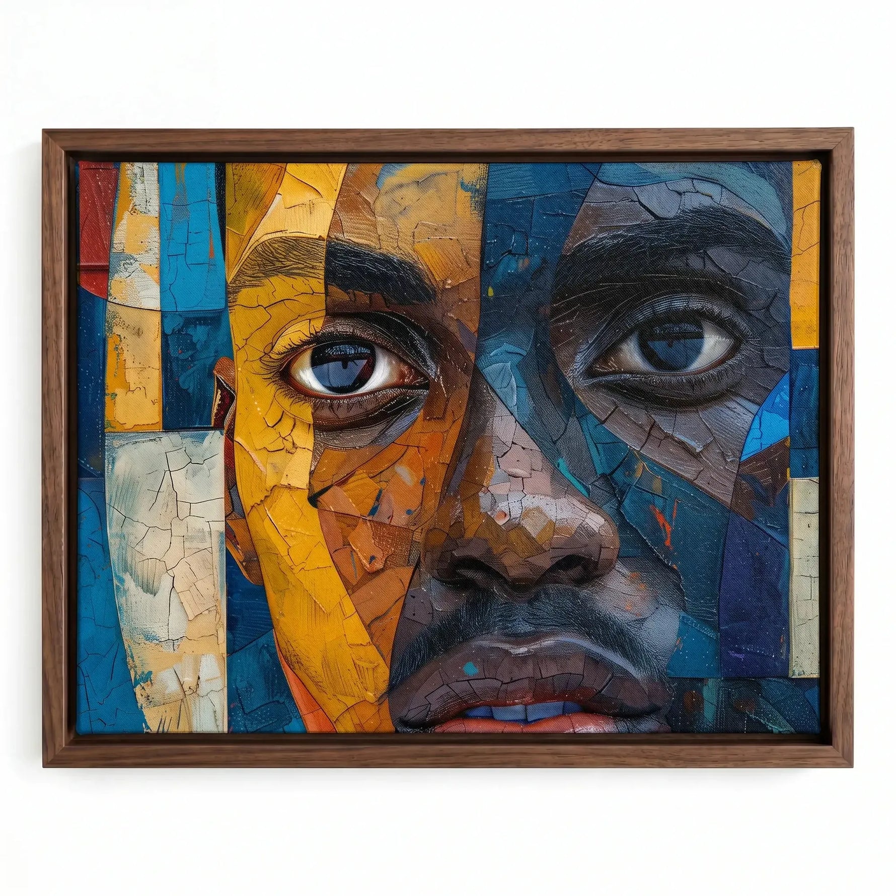 Afrofuturism art in a walnut floating frame, fractured mosaic face of a Black man with amber tones