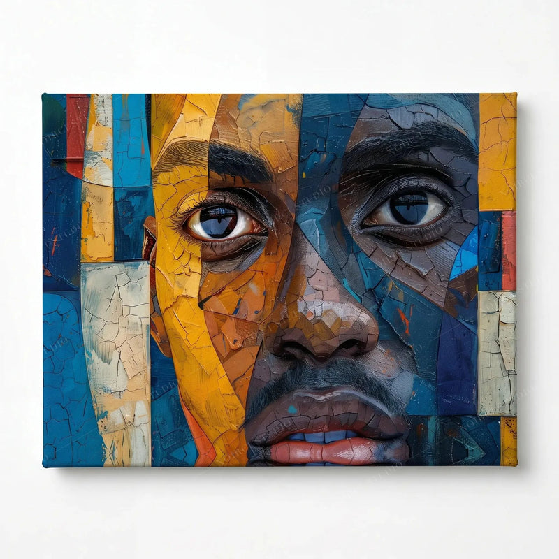 Stretched canvas of the mosaic Black man portrait, ready to hang