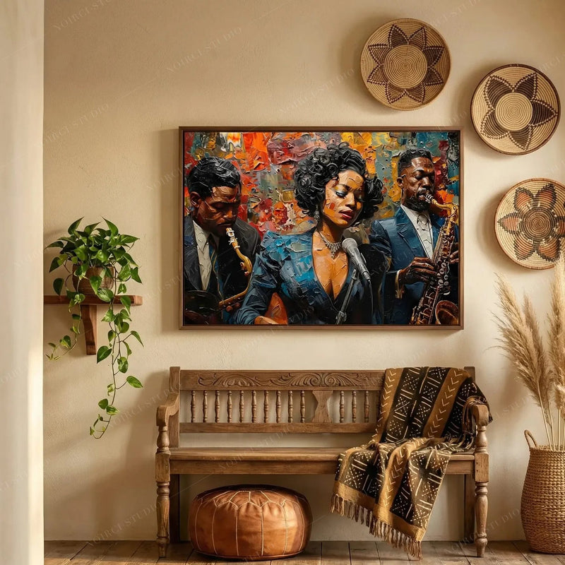 Afrohemian decor, jazz trio painting in a boho hallway with woven wall baskets and a carved bench